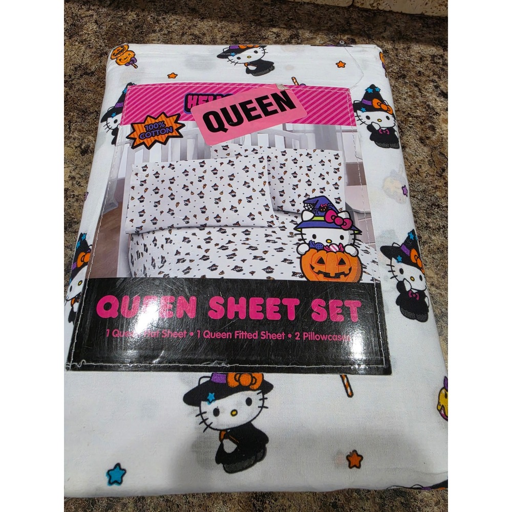 Hello Kitty Halloween Queen Sheet Set Sanrio Witch Pumpkin 100%Cotton 4pc NWT 55